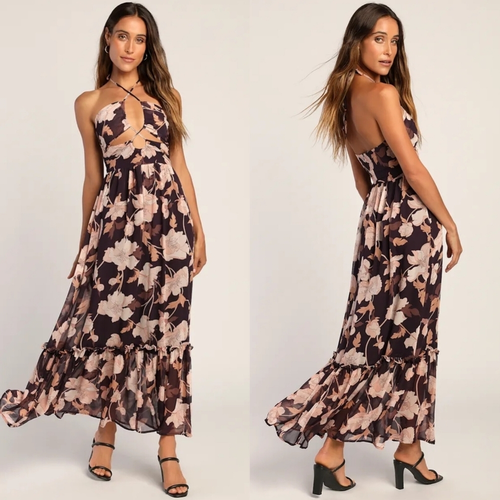 Lulus Blooming Elegance Purple Floral Cutout Halter Maxi Dress S Wedding Party - Picture 1 of 9